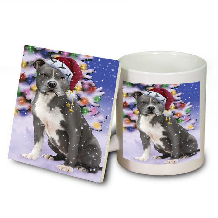 Winterland Wonderland American Staffordshire Terrier Dog In Christmas Holiday Scenic Background Mug and Coaster Set MUC53716