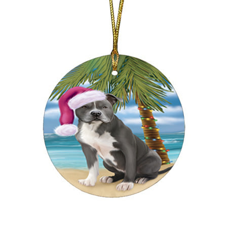 Summertime Happy Holidays Christmas American Staffordshire Terrier Dog on Tropical Island Beach Round Flat Christmas Ornament RFPOR54517