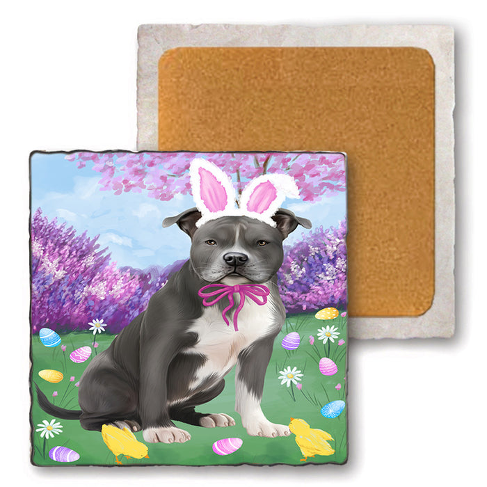 Easter Holiday American Staffordshire Terrier Dog Set of 4 Natural Stone Marble Tile Coasters MCST51863