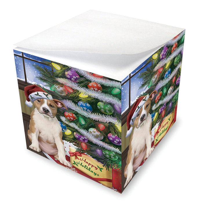 Christmas Happy Holidays American Staffordshire Terrier Dog with Tree and Presents Note Cube NOC55080