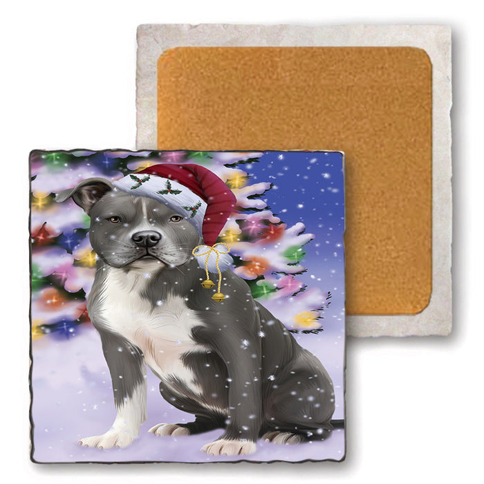 Winterland Wonderland American Staffordshire Terrier Dog In Christmas Holiday Scenic Background Set of 4 Natural Stone Marble Tile Coasters MCST48724