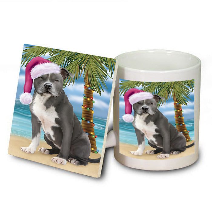 Summertime Happy Holidays Christmas American Staffordshire Terrier Dog on Tropical Island Beach Mug and Coaster Set MUC54390