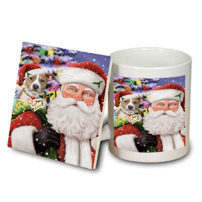 Santa Carrying American Staffordshire Terrier Dog and Christmas Presents Mug and Coaster Set MUC53657