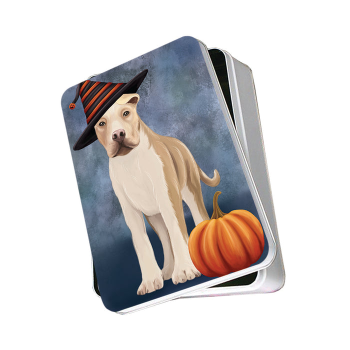 Happy Halloween American Staffordshire Terrier Dog Wearing Witch Hat with Pumpkin Photo Storage Tin PITN54798