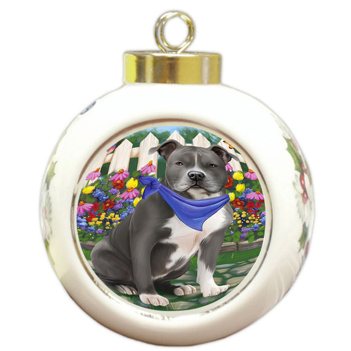 Spring Floral American Staffordshire Terrier Dog Round Ball Christmas Ornament RBPOR52225