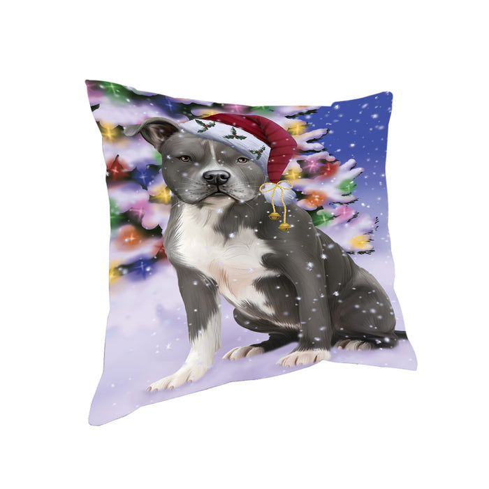 Winterland Wonderland American Staffordshire Terrier Dog In Christmas Holiday Scenic Background Pillow PIL71520