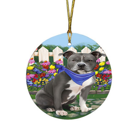 Spring Floral American Staffordshire Terrier Dog Round Flat Christmas Ornament RFPOR52216