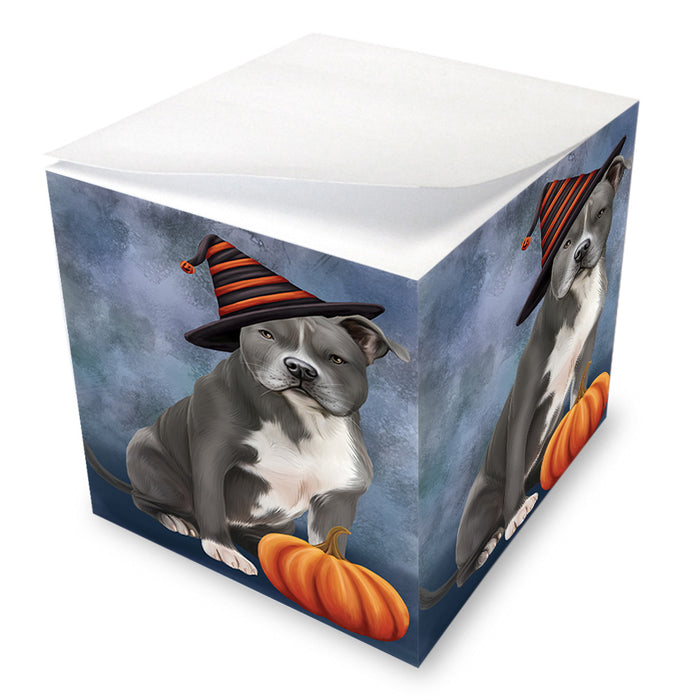 Happy Halloween American Staffordshire Terrier Dog Wearing Witch Hat with Pumpkin Note Cube NOC56356