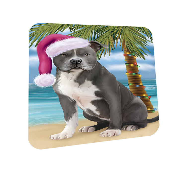 Summertime Happy Holidays Christmas American Staffordshire Terrier Dog on Tropical Island Beach Coasters Set of 4 CST54356
