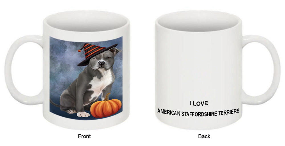 Happy Halloween American Staffordshire Terrier Dog Wearing Witch Hat with Pumpkin Coffee Mug MUG50108