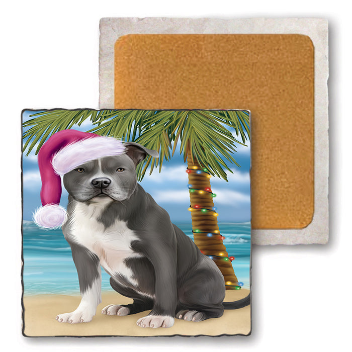 Summertime Happy Holidays Christmas American Staffordshire Terrier Dog on Tropical Island Beach Set of 4 Natural Stone Marble Tile Coasters MCST49398