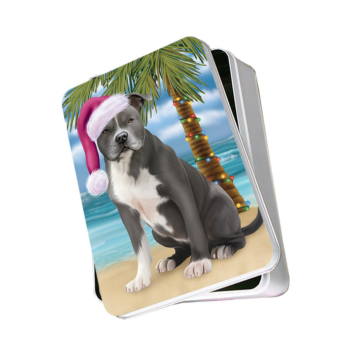 Summertime Happy Holidays Christmas American Staffordshire Terrier Dog on Tropical Island Beach Photo Storage Tin PITN54341