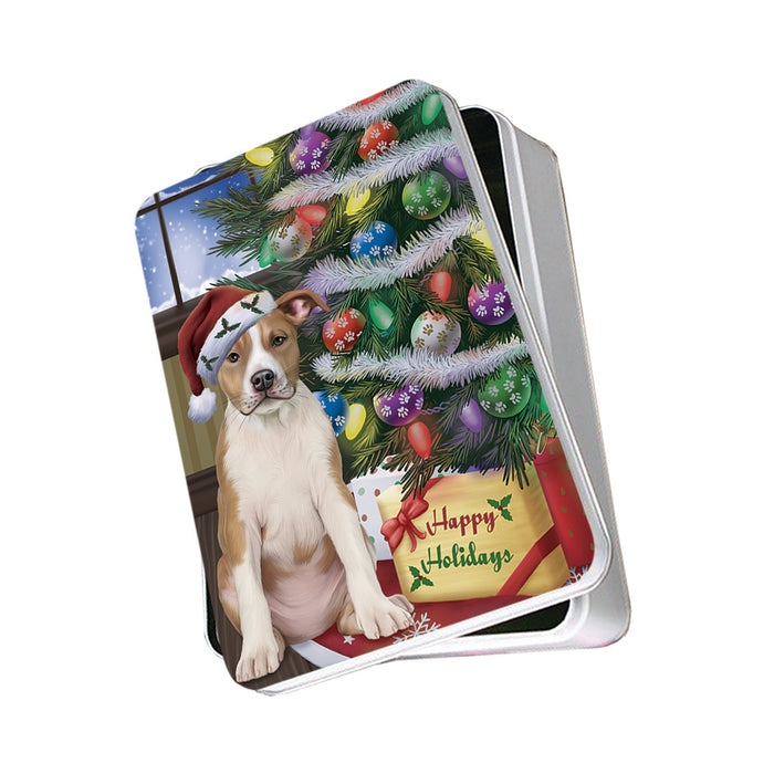 Christmas Happy Holidays American Staffordshire Terrier Dog with Tree and Presents Photo Storage Tin PITN53434