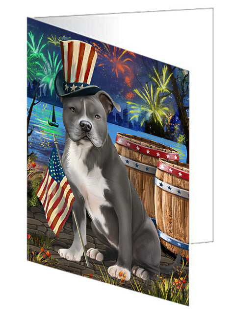 4th of July Independence Day Fireworks American Staffordshire Terrier Dog at the Lake Handmade Artwork Assorted Pets Greeting Cards and Note Cards with Envelopes for All Occasions and Holiday Seasons GCD57248
