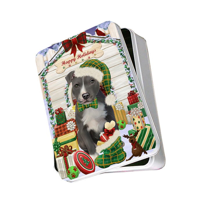 Happy Holidays Christmas American Staffordshire Terrier Dog With Presents Photo Storage Tin PITN52622