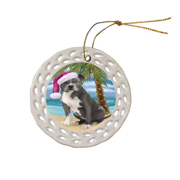 Summertime Happy Holidays Christmas American Staffordshire Terrier Dog on Tropical Island Beach Ceramic Doily Ornament DPOR54526