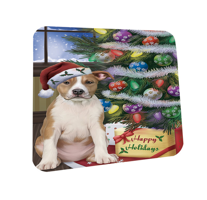 Christmas Happy Holidays American Staffordshire Terrier Dog with Tree and Presents Coasters Set of 4 CST53392
