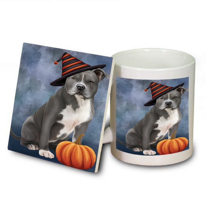 Happy Halloween American Staffordshire Terrier Dog Wearing Witch Hat with Pumpkin Mug and Coaster Set MUC54702