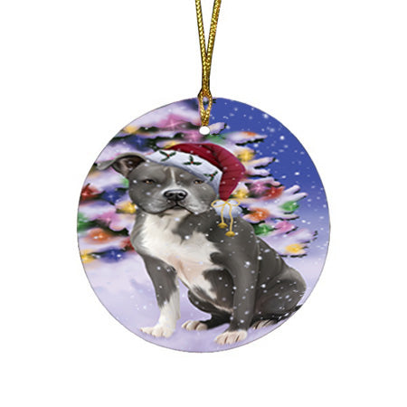 Winterland Wonderland American Staffordshire Terrier Dog In Christmas Holiday Scenic Background Round Flat Christmas Ornament RFPOR53715