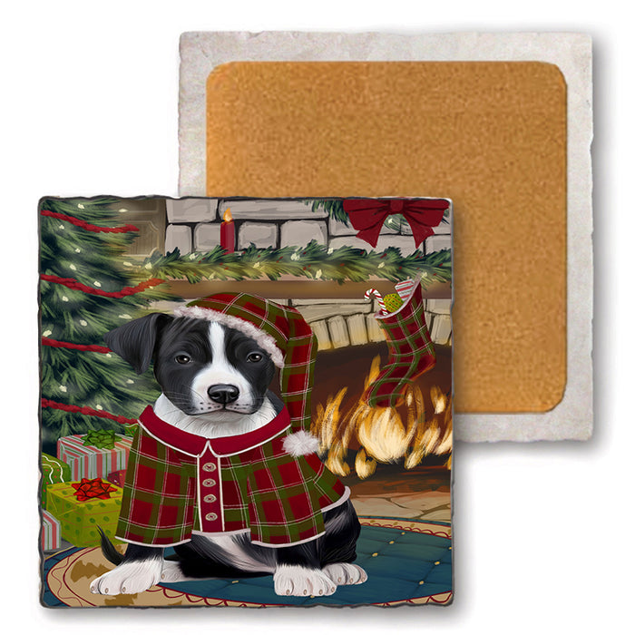 The Stocking was Hung American Staffordshire Terrier Dog Set of 4 Natural Stone Marble Tile Coasters MCST50164