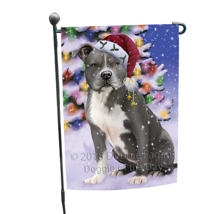 Winterland Wonderland American Staffordshire Terrier Dog In Christmas Holiday Scenic Background Garden Flag GFLG53786