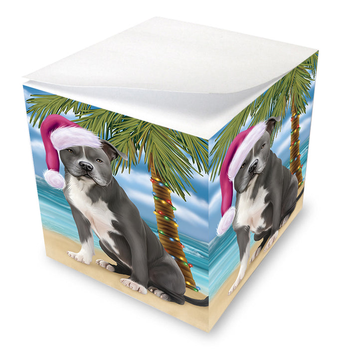 Summertime Happy Holidays Christmas American Staffordshire Terrier Dog on Tropical Island Beach Note Cube NOC56044