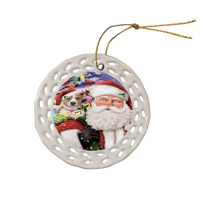 Santa Carrying American Staffordshire Terrier Dog and Christmas Presents Ceramic Doily Ornament DPOR53665