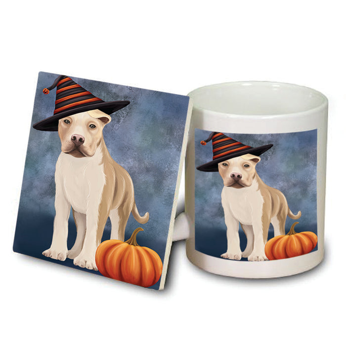 Happy Halloween American Staffordshire Terrier Dog Wearing Witch Hat with Pumpkin Mug and Coaster Set MUC54847