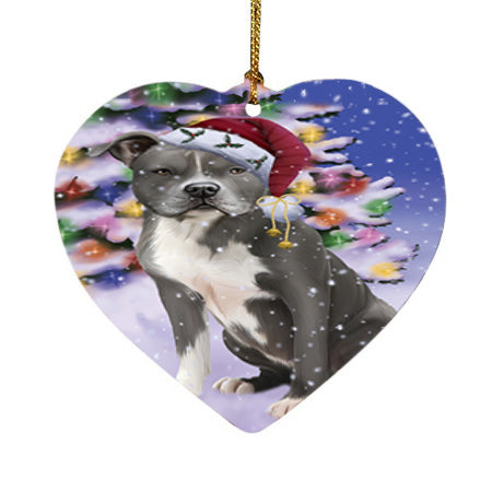 Winterland Wonderland American Staffordshire Terrier Dog In Christmas Holiday Scenic Background Heart Christmas Ornament HPOR53724