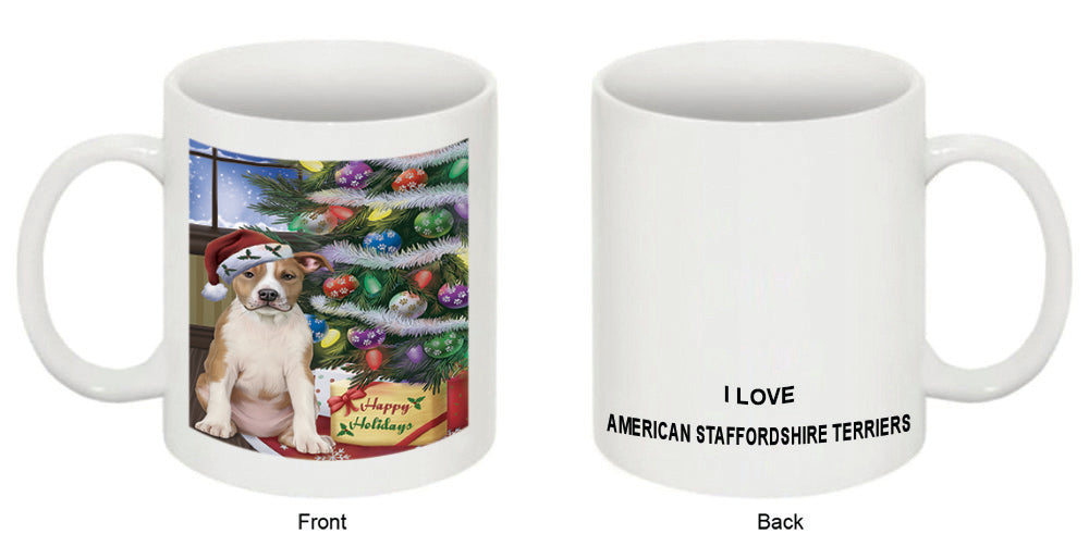 Christmas Happy Holidays American Staffordshire Terrier Dog with Tree and Presents Coffee Mug MUG48832