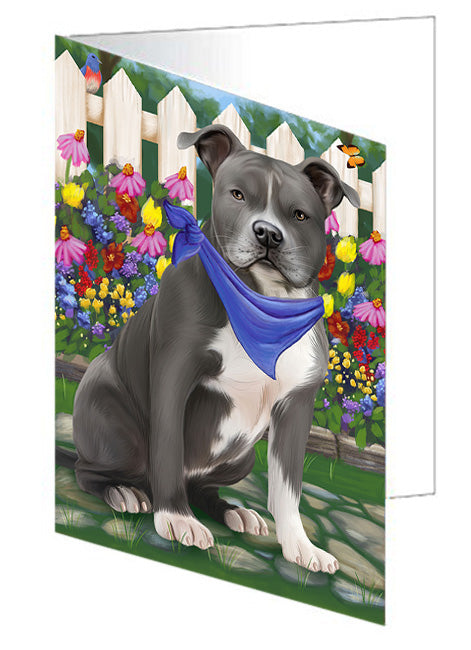 Spring Floral American Staffordshire Terrier Dog Handmade Artwork Assorted Pets Greeting Cards and Note Cards with Envelopes for All Occasions and Holiday Seasons GCD60704