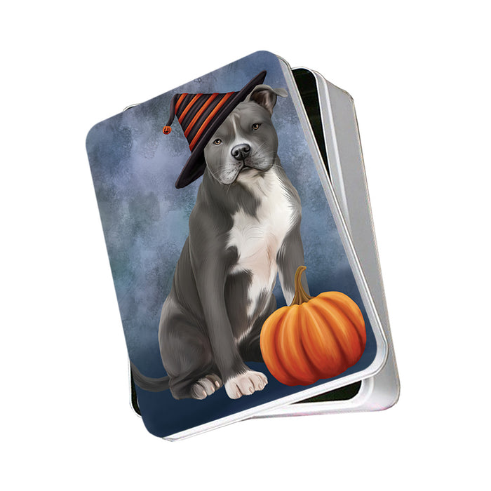Happy Halloween American Staffordshire Terrier Dog Wearing Witch Hat with Pumpkin Photo Storage Tin PITN54653