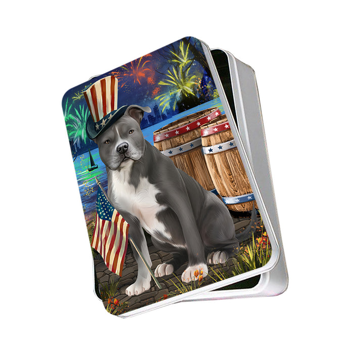 4th of July Independence Day Fireworks American Staffordshire Terrier Dog at the Lake Photo Storage Tin PITN51073
