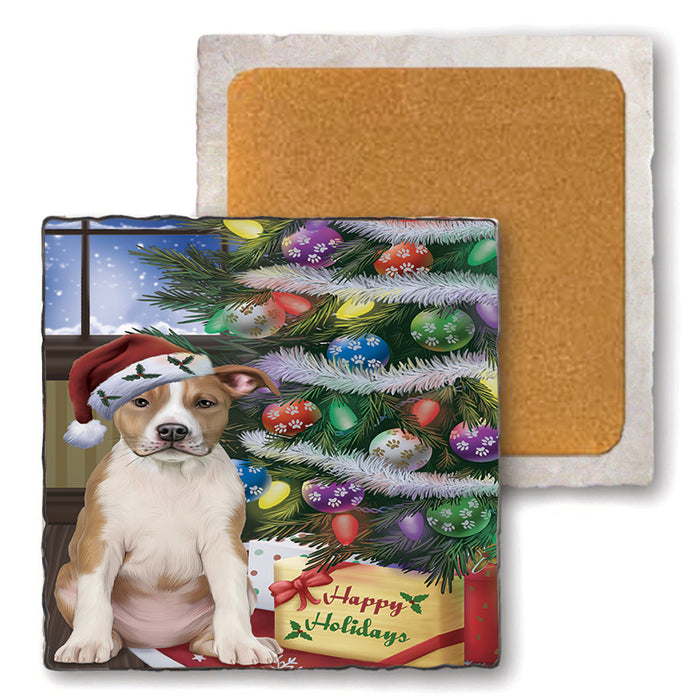 Christmas Happy Holidays American Staffordshire Terrier Dog with Tree and Presents Set of 4 Natural Stone Marble Tile Coasters MCST48434