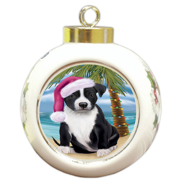 Summertime Happy Holidays Christmas American Staffordshire Terrier Dog on Tropical Island Beach Round Ball Christmas Ornament RBPOR54527