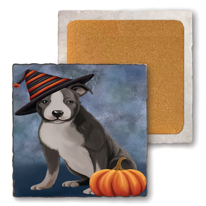 Happy Halloween American Staffordshire Terrier Dog Wearing Witch Hat with Pumpkin Set of 4 Natural Stone Marble Tile Coasters MCST49856
