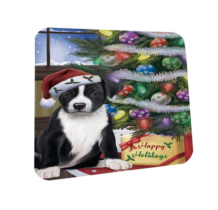 Christmas Happy Holidays American Staffordshire Terrier Dog with Tree and Presents Coasters Set of 4 CST53393