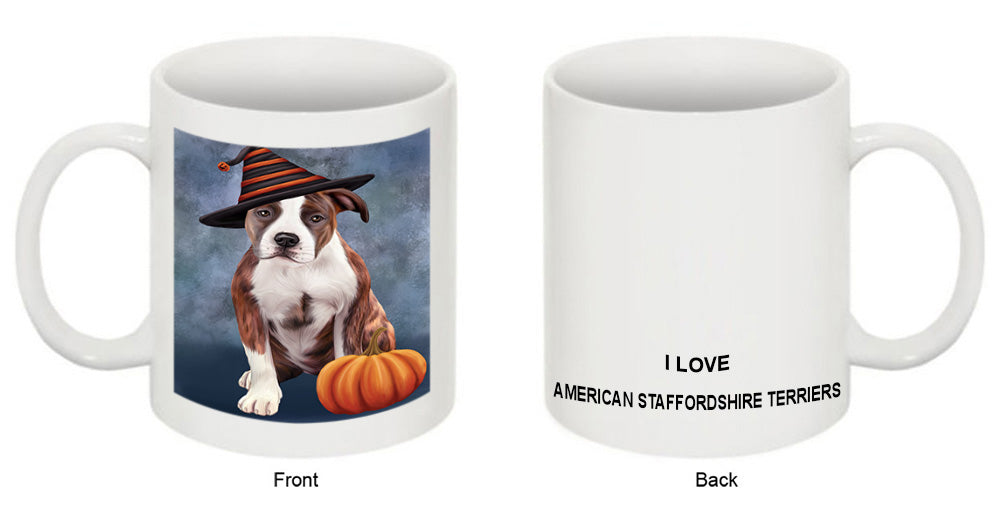 Happy Halloween American Staffordshire Terrier Dog Wearing Witch Hat with Pumpkin Coffee Mug MUG50109
