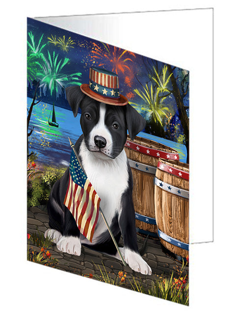 4th of July Independence Day Fireworks American Staffordshire Terrier Dog at the Lake Handmade Artwork Assorted Pets Greeting Cards and Note Cards with Envelopes for All Occasions and Holiday Seasons GCD57251