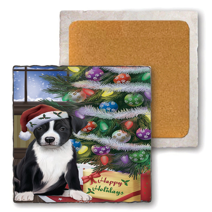 Christmas Happy Holidays American Staffordshire Terrier Dog with Tree and Presents Set of 4 Natural Stone Marble Tile Coasters MCST48435
