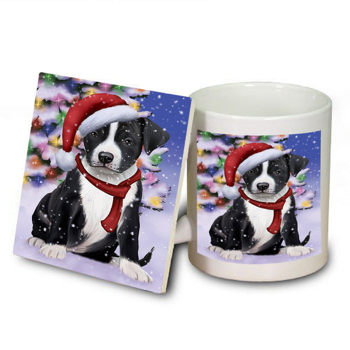 Winterland Wonderland American Staffordshire Terrier Dog In Christmas Holiday Scenic Background Mug and Coaster Set MUC53717