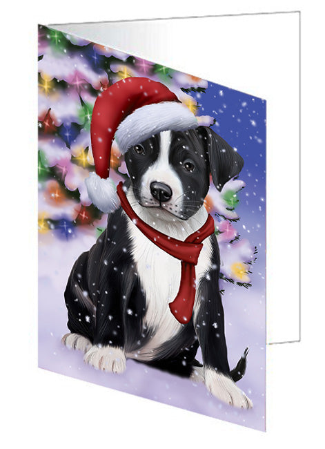 Winterland Wonderland American Staffordshire Terrier Dog In Christmas Holiday Scenic Background Handmade Artwork Assorted Pets Greeting Cards and Note Cards with Envelopes for All Occasions and Holiday Seasons GCD65204