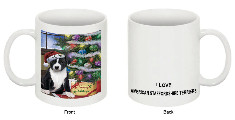 Christmas Happy Holidays American Staffordshire Terrier Dog with Tree and Presents Coffee Mug MUG48833