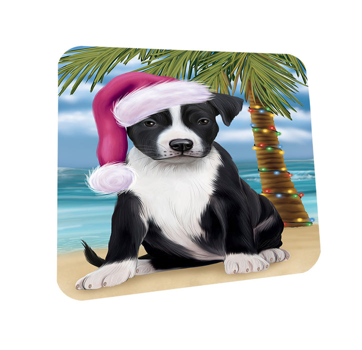 Summertime Happy Holidays Christmas American Staffordshire Terrier Dog on Tropical Island Beach Coasters Set of 4 CST54357