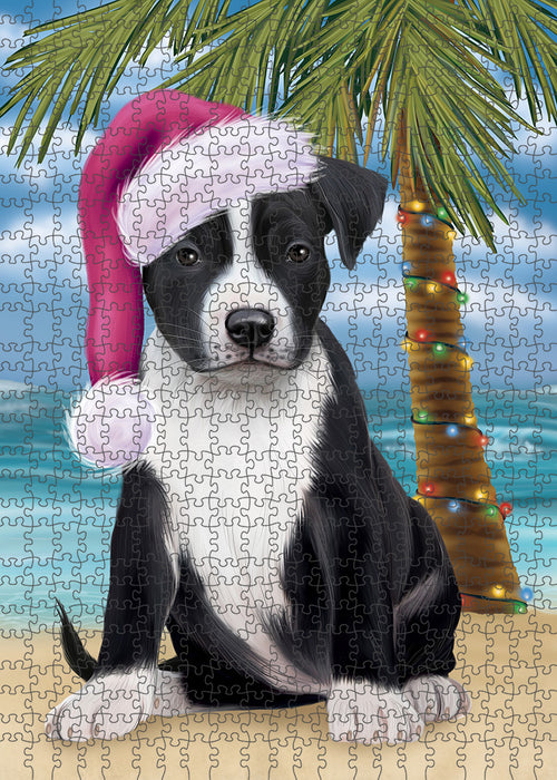Summertime Happy Holidays Christmas American Staffordshire Terrier Dog on Tropical Island Beach Puzzle with Photo Tin PUZL85264