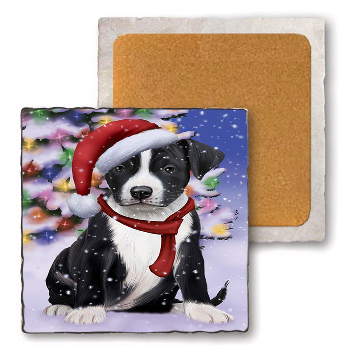 Winterland Wonderland American Staffordshire Terrier Dog In Christmas Holiday Scenic Background Set of 4 Natural Stone Marble Tile Coasters MCST48725