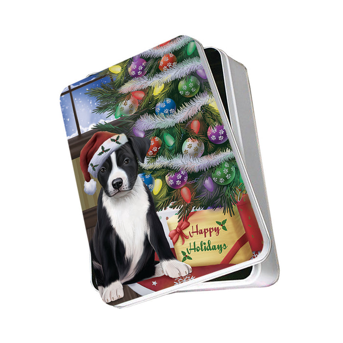 Christmas Happy Holidays American Staffordshire Terrier Dog with Tree and Presents Photo Storage Tin PITN53435