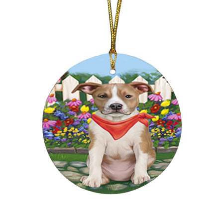 Spring Floral American Staffordshire Terrier Dog Round Flat Christmas Ornament RFPOR52217