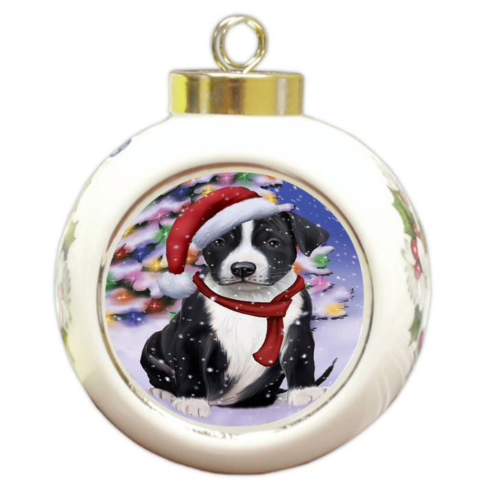 Winterland Wonderland American Staffordshire Terrier Dog In Christmas Holiday Scenic Background Round Ball Christmas Ornament RBPOR53725