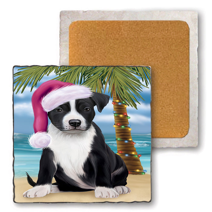Summertime Happy Holidays Christmas American Staffordshire Terrier Dog on Tropical Island Beach Set of 4 Natural Stone Marble Tile Coasters MCST49399
